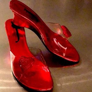 J Renee’, Valentine,Red/clear, with big red sequin hearts. Wedge heel, 6.5